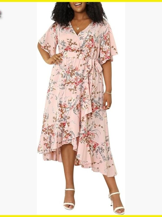 Boho Floral Maxi Dress V Neck Empire Waist Wrap Style Plus Size Wedding Guest